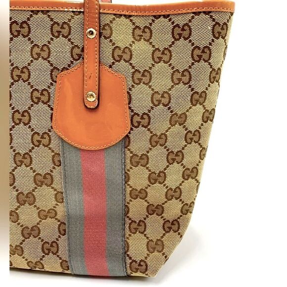 Auth Gucci Beige Brown GG Canvas Jolicouer Tote Bag Tan Patent Trim Sherry Line - Picture 6 of 16